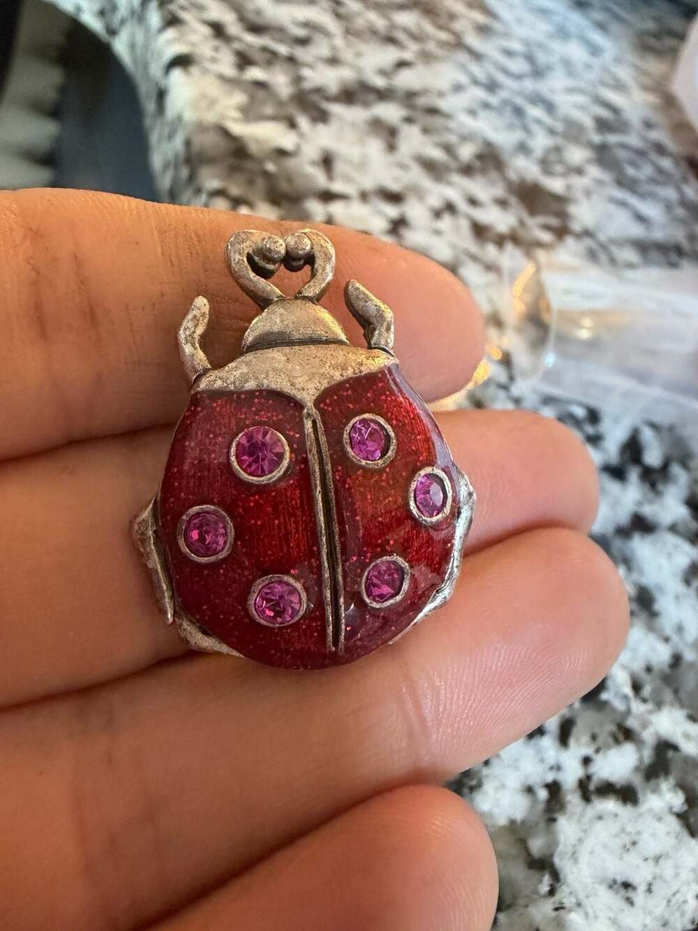 Vintage AJMC Ladybug Brooch Red Glitter Enamel Pink Rhinestone Figural Pin